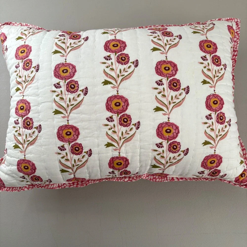 Handmade Kantha Quilted Floral Block Print Reversible Decorative Pillow Cottage